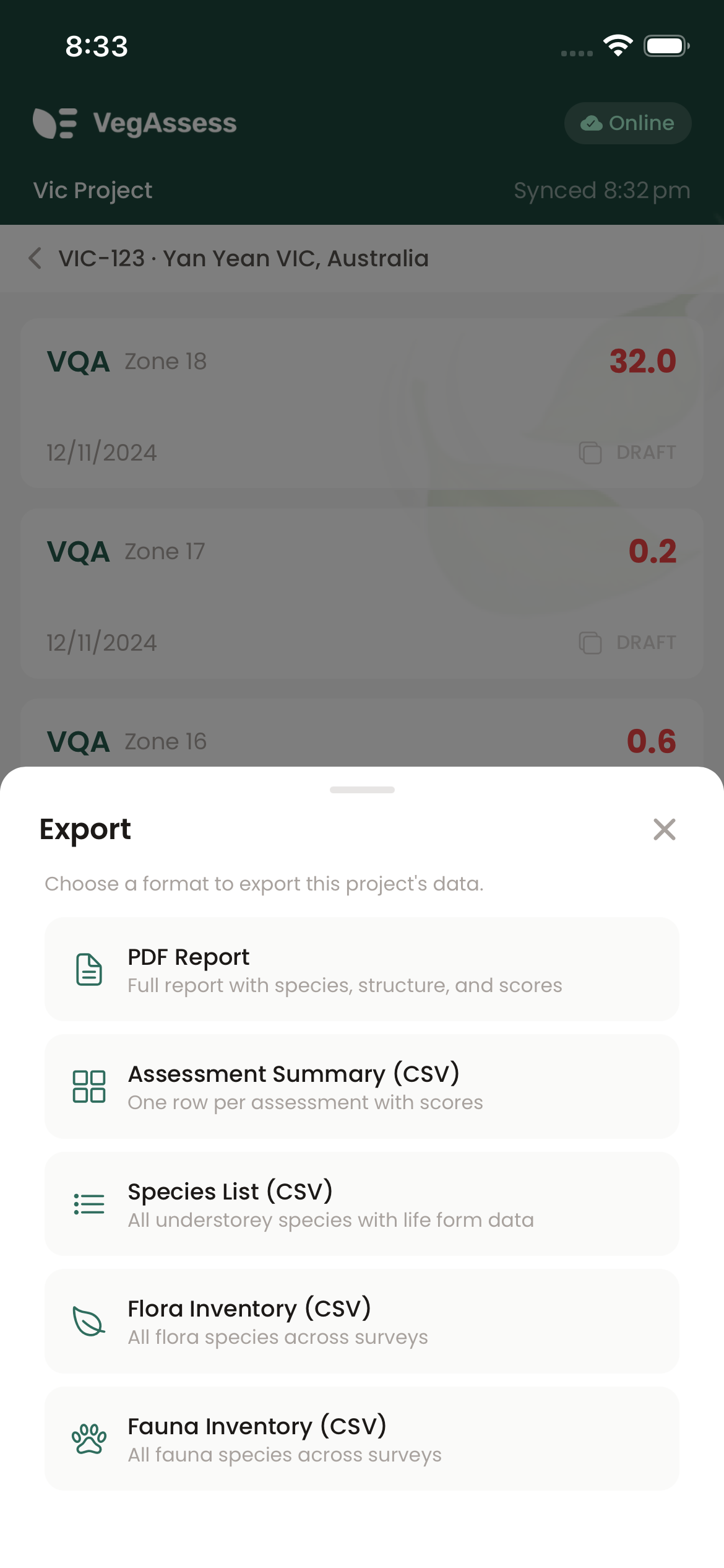 Export dialog with PDF and CSV export options