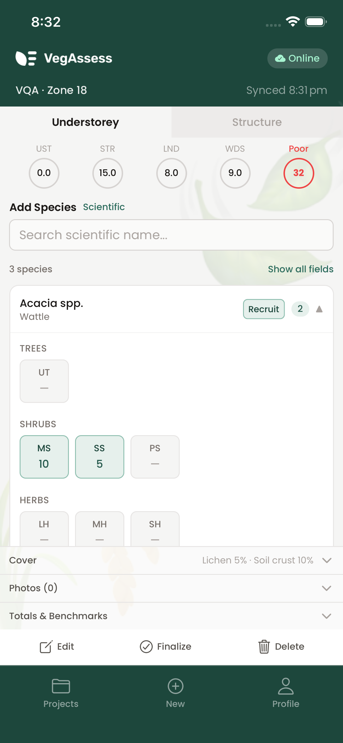 BAM species recording screen